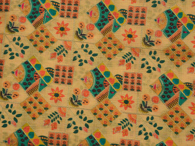 Coffee Yellow Traditional Digital Print Heavy Zari Embroidered Mulberry Silk Fabric