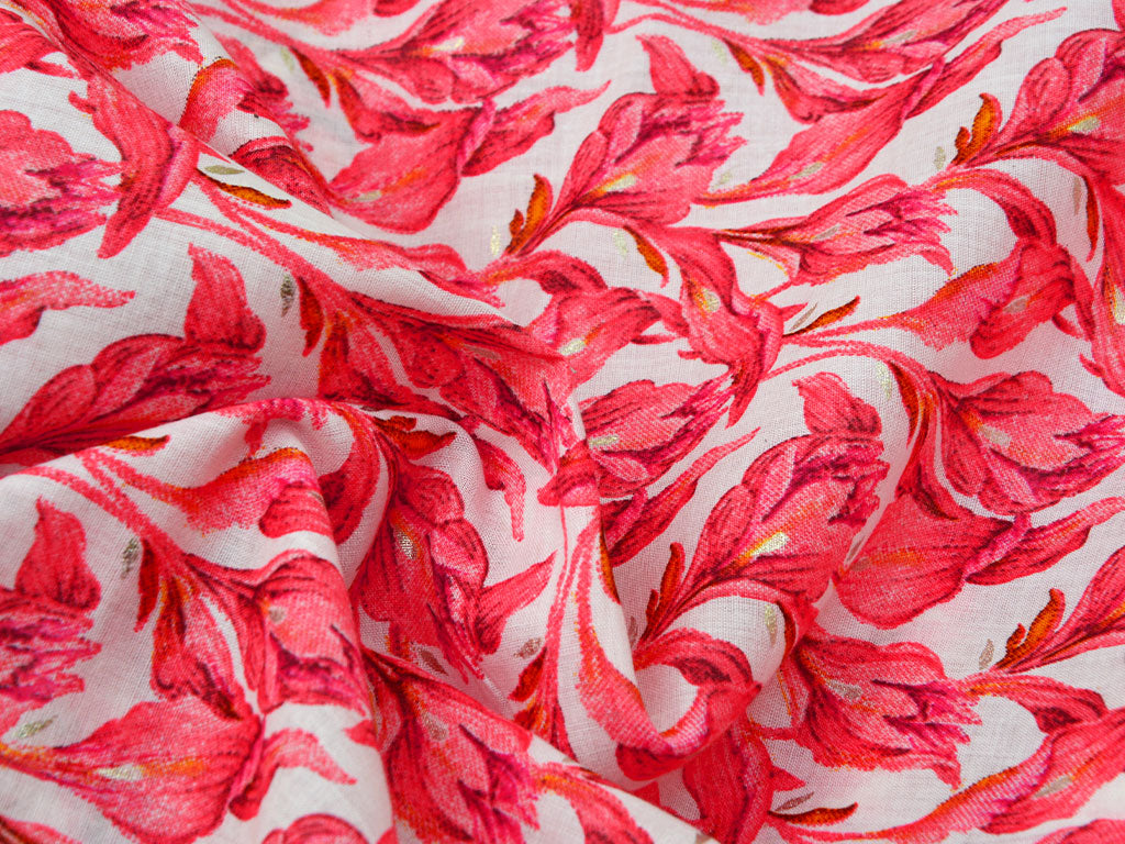 White & Red Pure Mul Mul Kalamkari Cotton Fabric