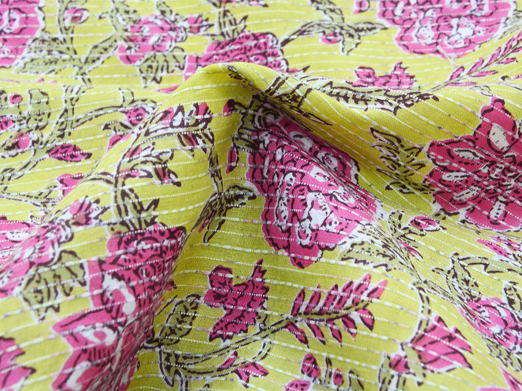 Lemon Yellow Floral Pure Cotton Kantha Fabric