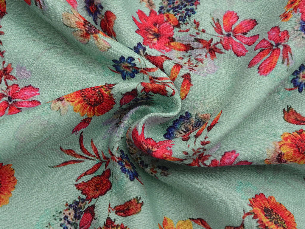 Mint Green & Red Floral Semi Pashmina Wool Fabric