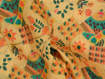 Coffee Yellow Traditional Digital Print Heavy Zari Embroidered Mulberry Silk Fabric