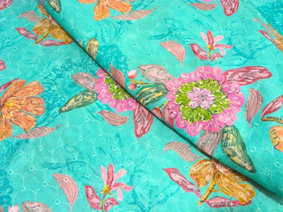 Teal Green 100 % Pure Cotton Chikan Embroidered Fabric