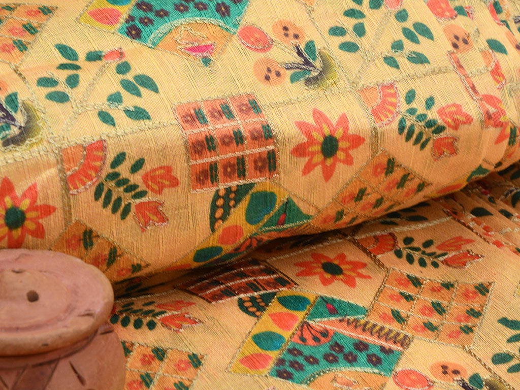 Coffee Yellow Traditional Digital Print Heavy Zari Embroidered Mulberry Silk Fabric