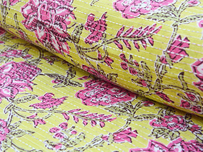 Lemon Yellow Floral Pure Cotton Kantha Fabric