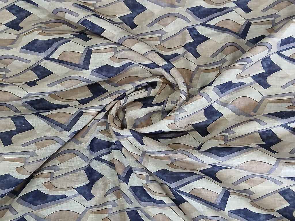 Beige & Navy Blue Abstract Digital Print Linen Fabric (Wholesale)