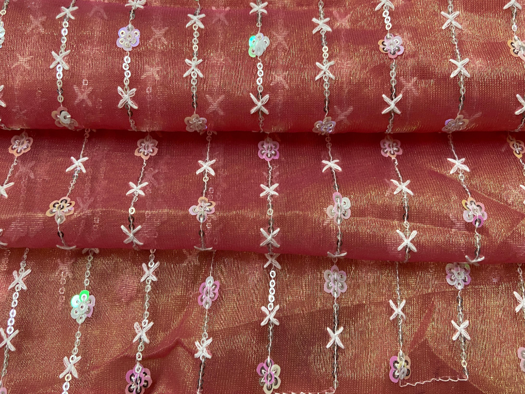 Peach Sequins Work Nylon Organza Fabric