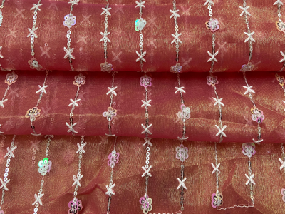 Peach Sequins Work Nylon Organza Fabric