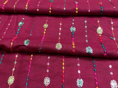 Deep Burgundy Luxuries Embroidery Work Cotton Rayon Fabric