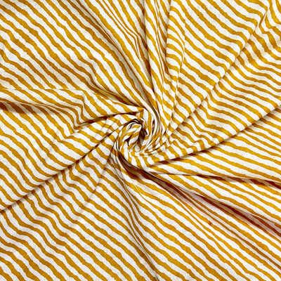 Mustard Yellow & White Stripes Printed Cotton Fabric