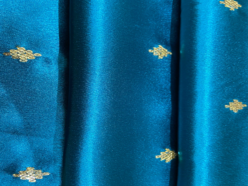 Vibrant Teal Blue Daman With Zari & Sequins Work Silk Fabric