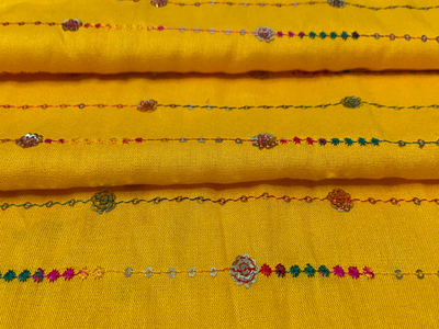 Bright Yellow Luxuries Embroidery Work Cotton Rayon Fabric