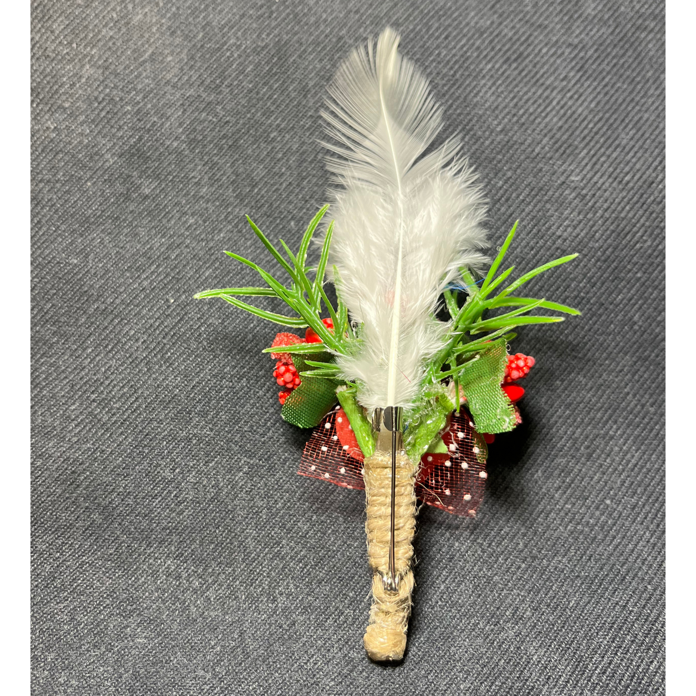 Red & White Faux Feather Flower Brooch