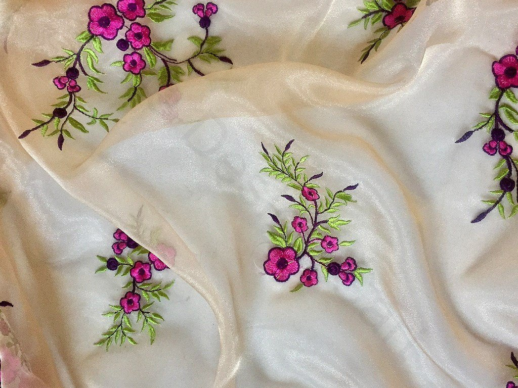 Off White Floral Embroidered Organza Fabric (Wholesale)