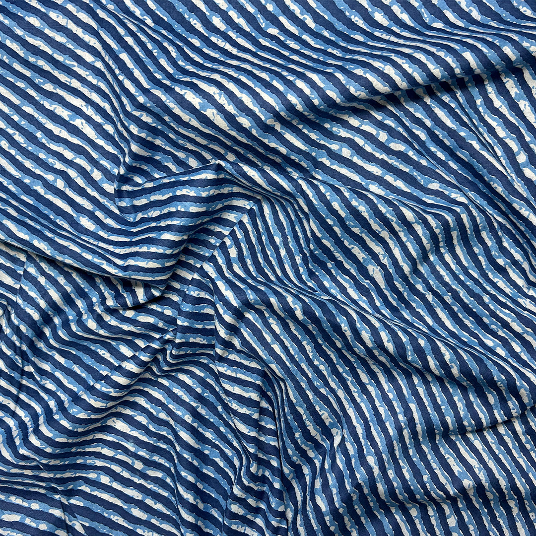 Dark Blue & White Stripes Printed Cotton Fabric