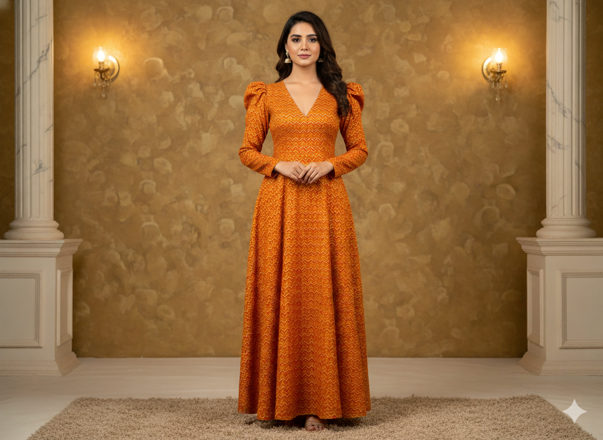 Orange Zigzag Printed Semi Pashimna Woolen Fabric