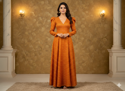 Orange Zigzag Printed Semi Pashimna Woolen Fabric