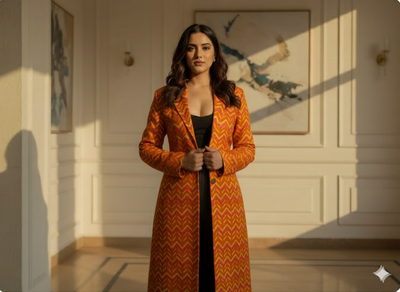 Orange Zigzag Printed Semi Pashimna Woolen Fabric