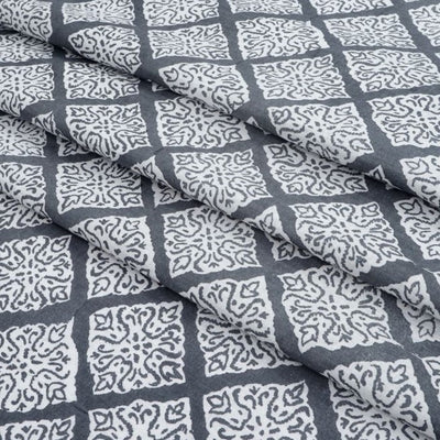 Grey & White Geometric Printed Pure Cotton Fabric
