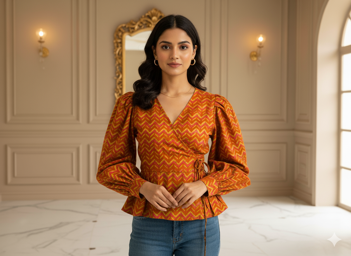 Orange Zigzag Printed Semi Pashimna Woolen Fabric