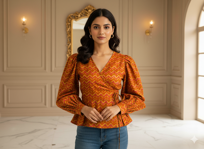 Orange Zigzag Printed Semi Pashimna Woolen Fabric