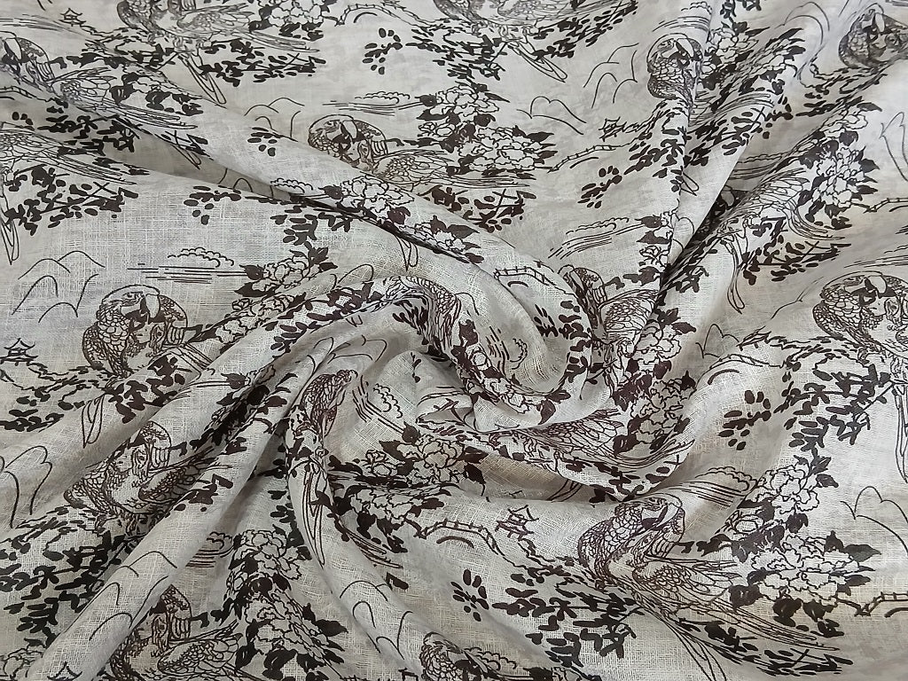 Black & White Parrot Digital Print Linen Fabric (Wholesale)