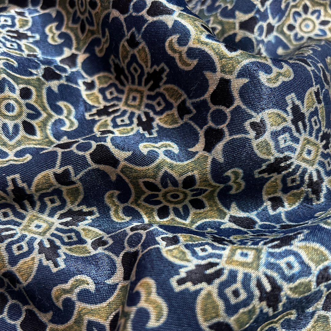 Navy Blue & Light Green Floral Printed Ajrakh Printed Mashru Silk Fabric