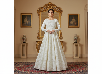 सफेद धातुई सेक्विन कढ़ाई मलाई साटन कपड़ा