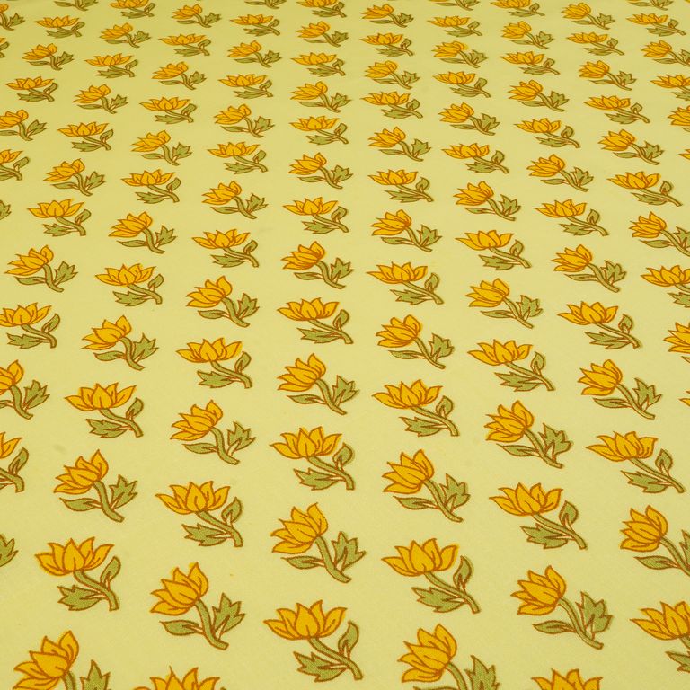 Yellow & Green Floral Dyed Printed Pure Cotton Fabric