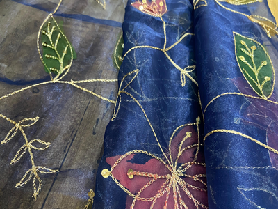 Blue Floral Embroidered Work Viscose Organza Fabric