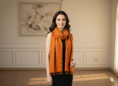 Orange Zigzag Printed Semi Pashimna Woolen Fabric