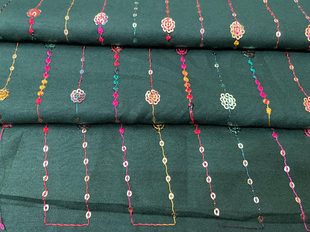 Deep Emerald Green Luxuries Embroidery Work Cotton Rayon Fabric