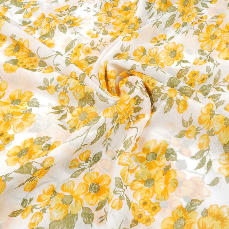 White & Yellow Floral Printed Pure Viscose Georgette Fabric