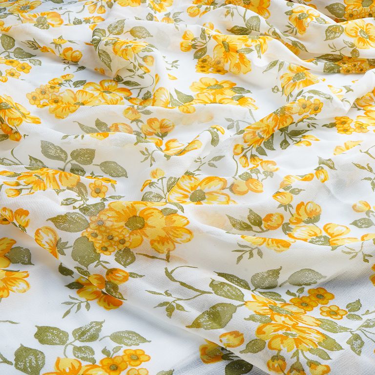 White & Yellow Floral Printed Pure Viscose Georgette Fabric