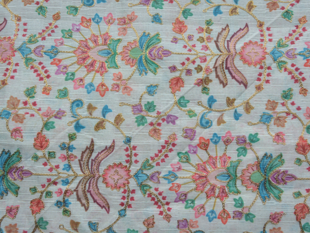 Precut of 0.5 Meter Multicolor Traditional Digital Print Zari Embroidered Mulberry Silk Fabric