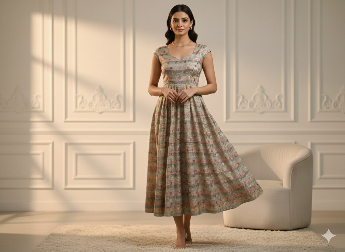 मिंट ग्रीन स्ट्राइप्स फॉयल पॉली सिल्क फैब्रिक