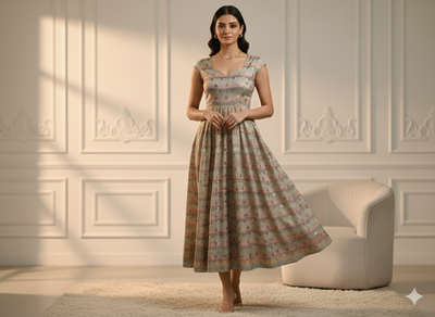 मिंट ग्रीन स्ट्राइप्स फॉयल पॉली सिल्क फैब्रिक