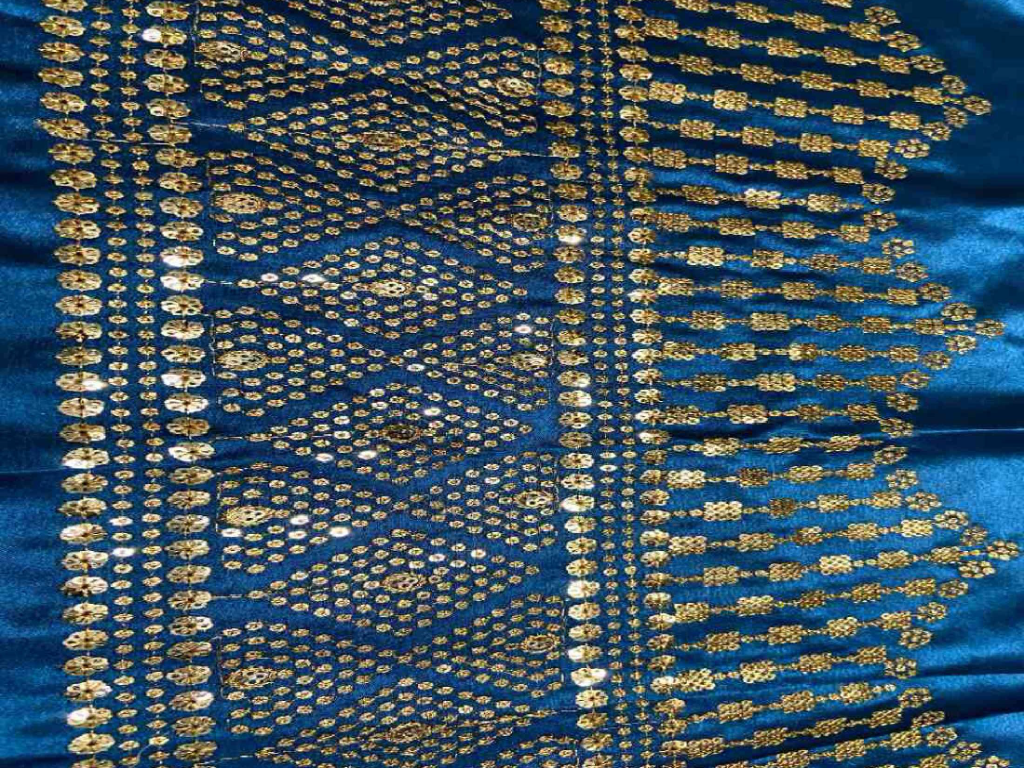 Teal Blue Daman With Zari & Sequins Work Silk Fabric