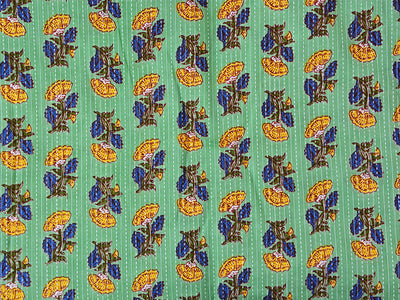 Mint Green Floral Pure Cotton Kantha Fabric