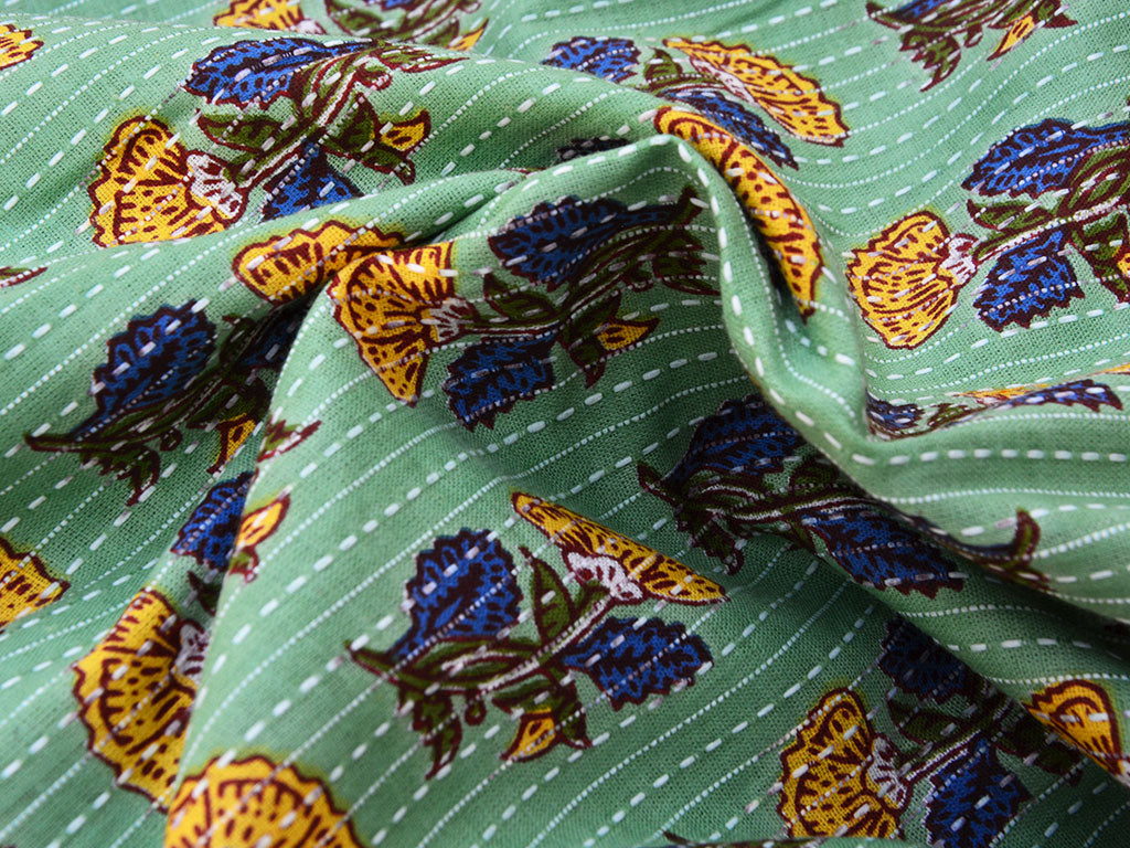 Mint Green Floral Pure Cotton Kantha Fabric