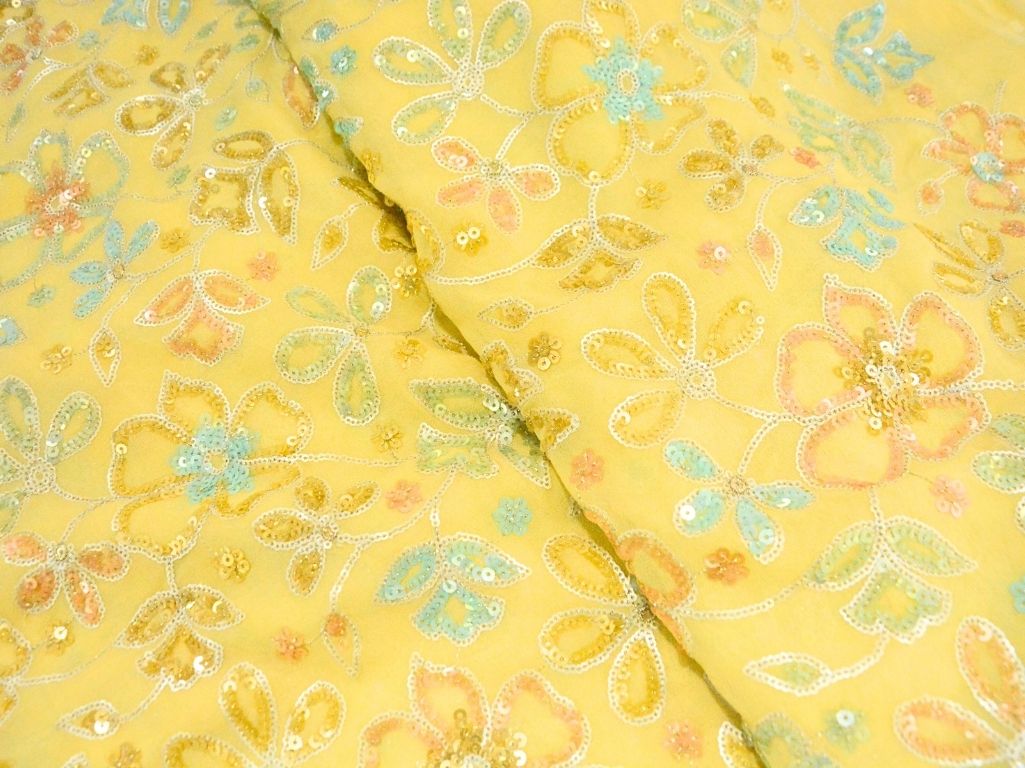 Cream  Pure Viscose Georgette With Sequins Embroidered Fabric