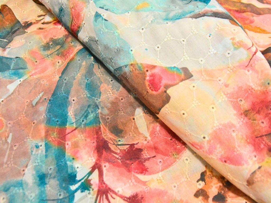 Multicolor 100 % Pure Cotton Chikan Embroidered Fabric
