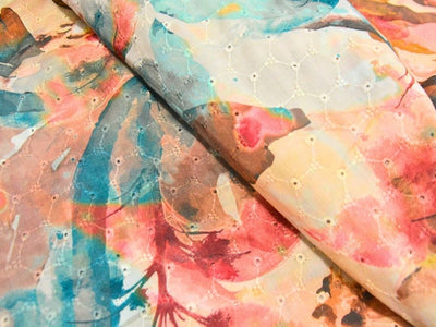 Multicolor 100 % Pure Cotton Chikan Embroidered Fabric