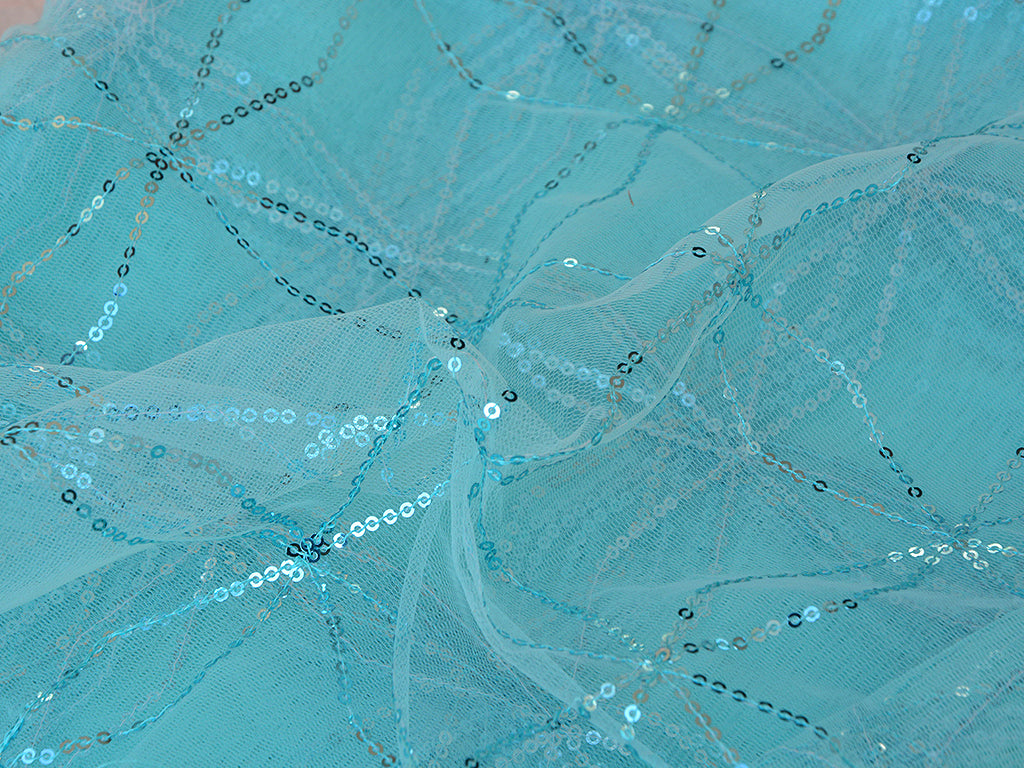 Precut of 1 meter Light Aqua Geometric Blue Thread & Sequins Geometric