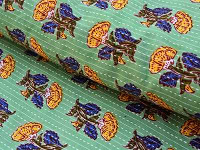 Mint Green Floral Pure Cotton Kantha Fabric