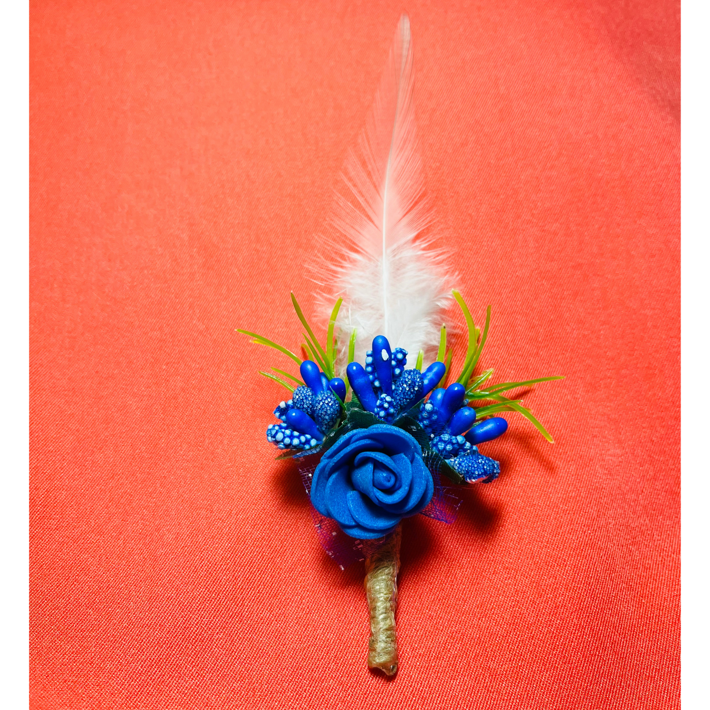 Blue & White Faux Feather Flower Brooch