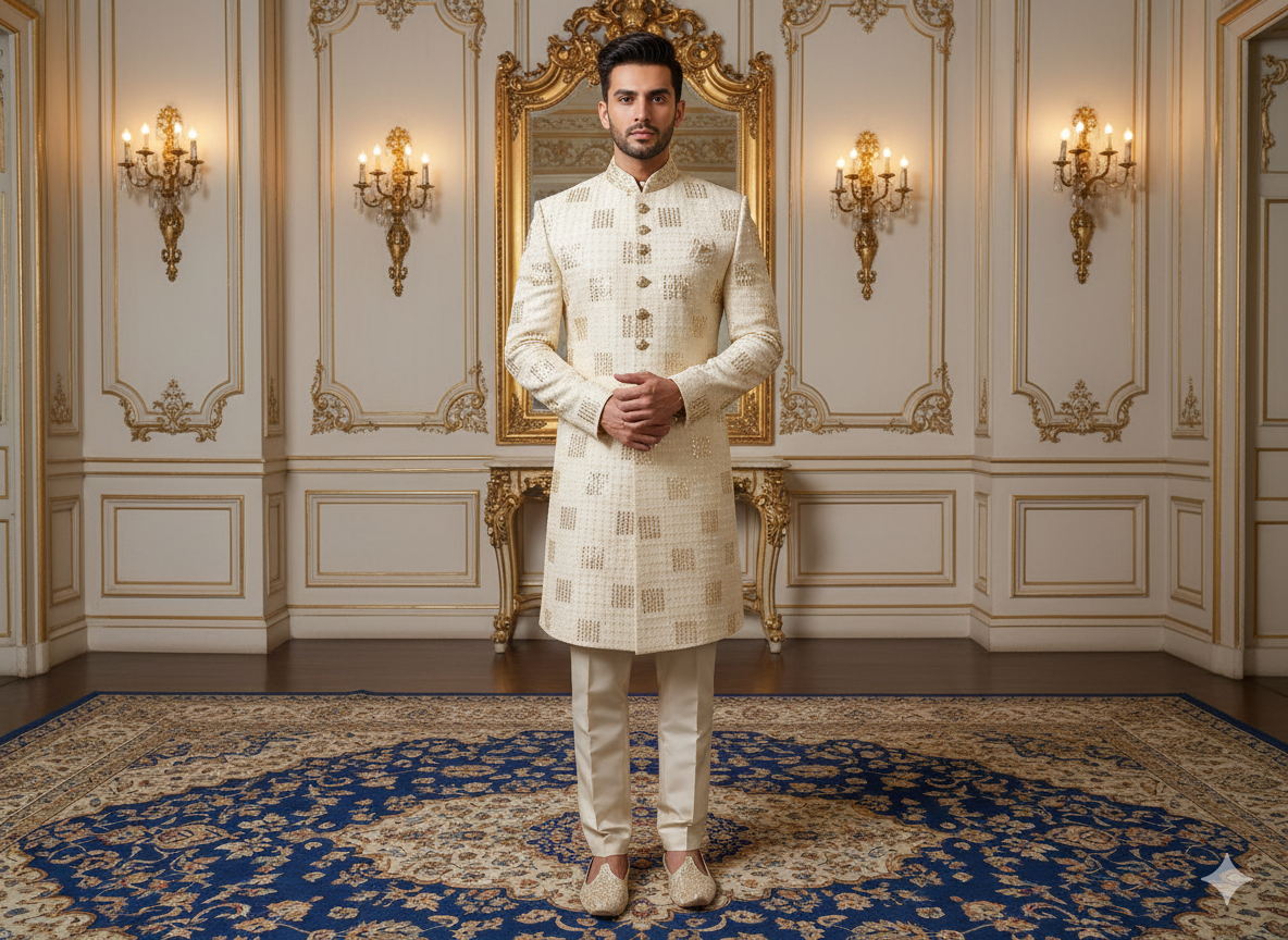 ऑफ व्हाइट मेटैलिक सेक्विन कढ़ाई मलाई साटन फैब्रिक