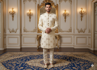 ऑफ व्हाइट मेटैलिक सेक्विन कढ़ाई मलाई साटन फैब्रिक