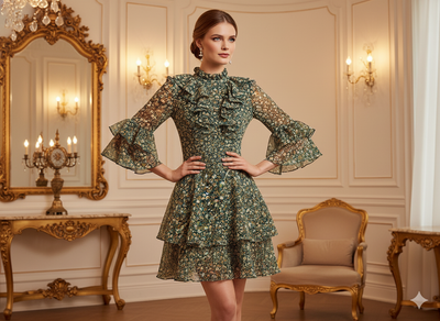 Deep Green Floral Digitally Printed Butter Crepe Fabric
