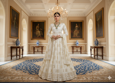 ऑफ व्हाइट मेटैलिक सेक्विन कढ़ाई मलाई साटन फैब्रिक