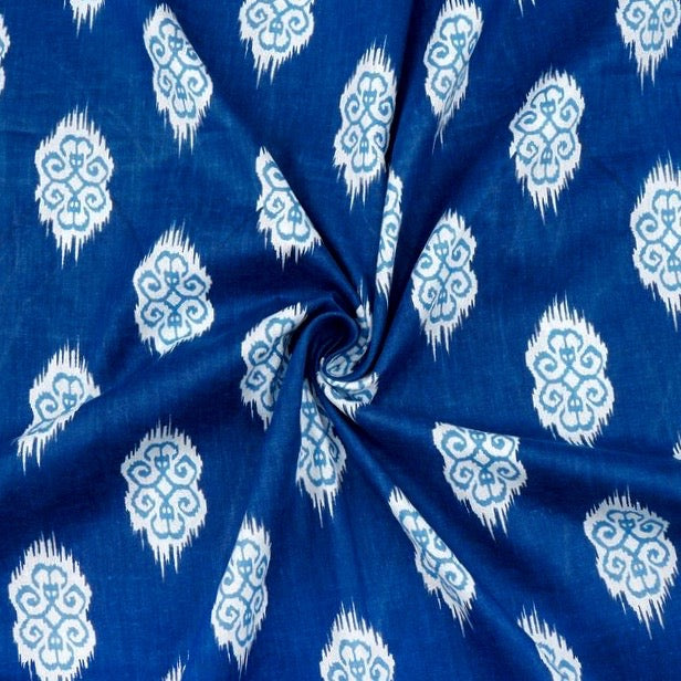 Navy Blue & White Traditional Printed Pure Cotton Fabric